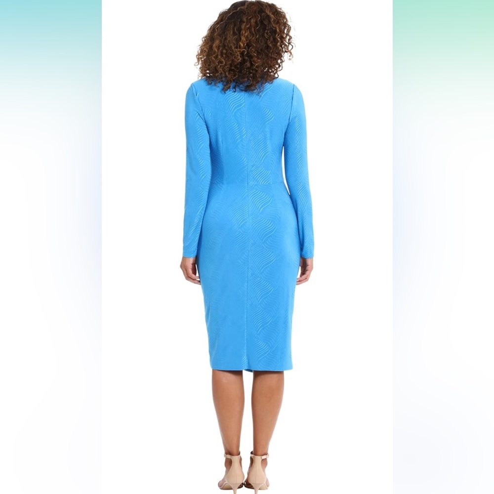 London Times Vibrant Blue Long Sleeve Asymmetrical Ruched Midi Dress - Picture 4 of 11